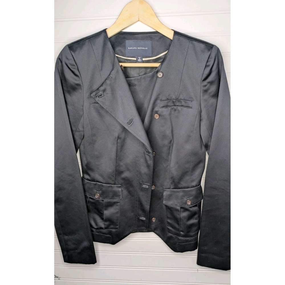 Banana Republic Womens Blazer 2 Tall 100% Cotton Shell Black Double Breasted Top